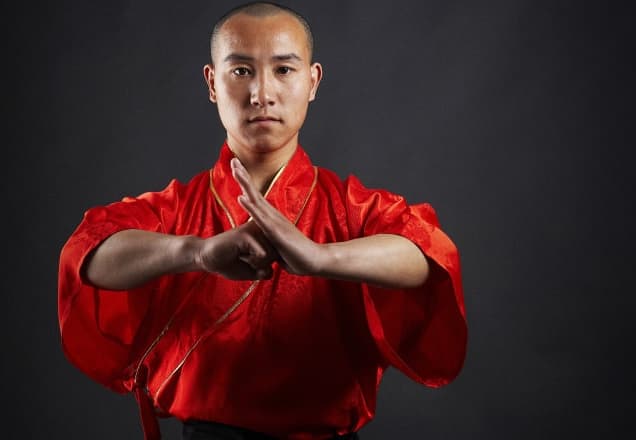 Een kung fu beoefenaar in een rood pak met de handen gekruist voor de borst